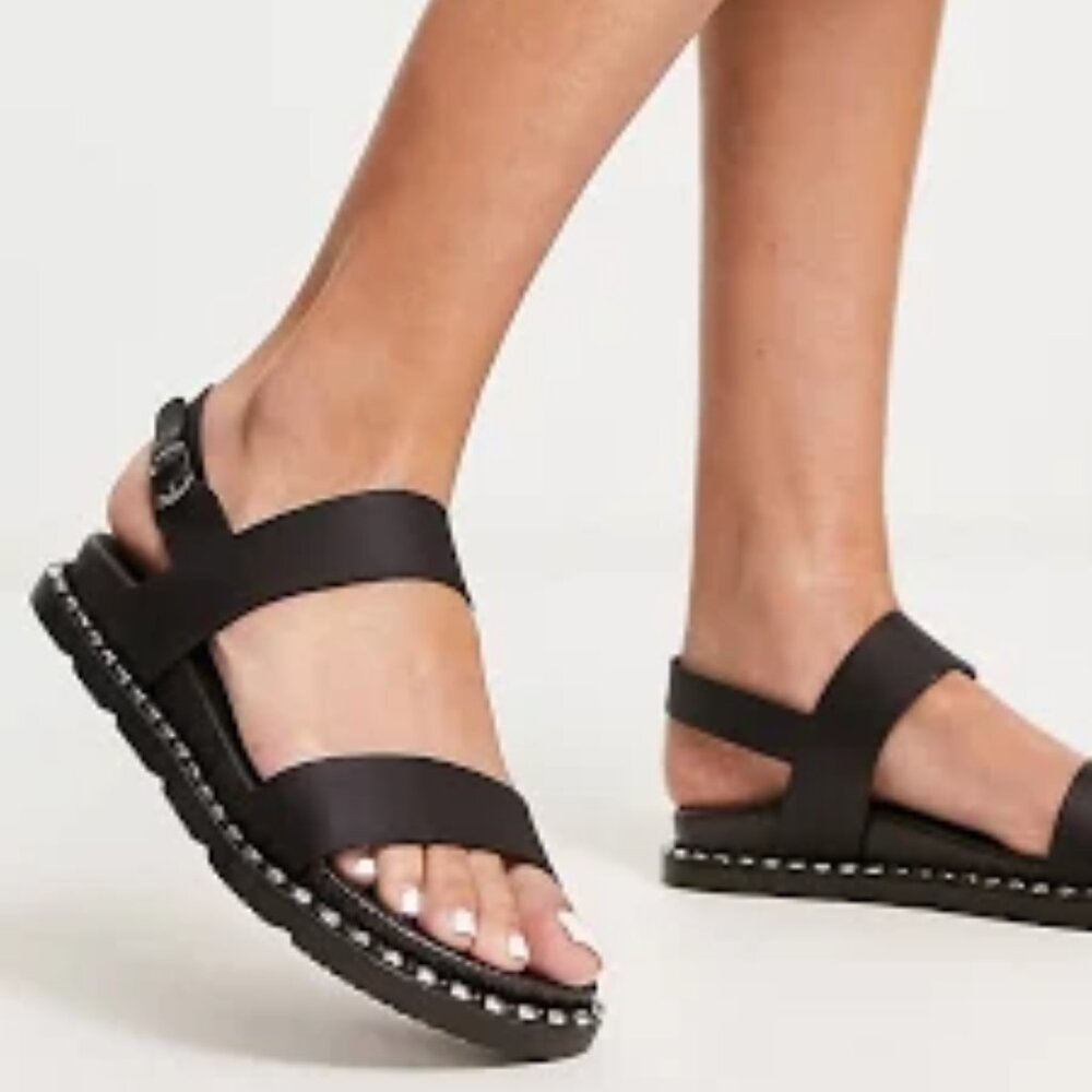 London Rebel Wide Fit Black Flat Sandals/NIP/8W